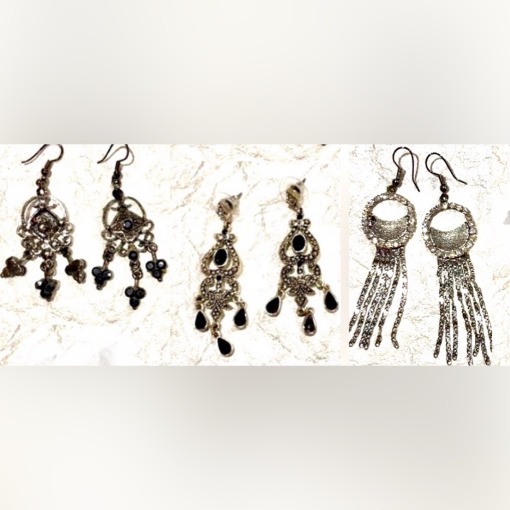 3pc bundle dangling rhinestone earrings 3 different styles silver/black - Picture 5 of 6